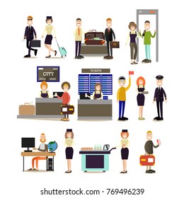 Airport people vector icon set with pilot, stewardess, ticket counter, ramp agent and passengers making online ticket reservation, passing security checkpoint at airport terminal. Flat style design.