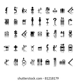 Airport pictogram set on stickers, isolated and grouped objects on white background