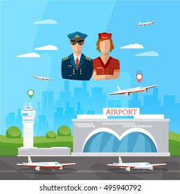 Airport pilot stewardess international airlines airport concept vector illustration 