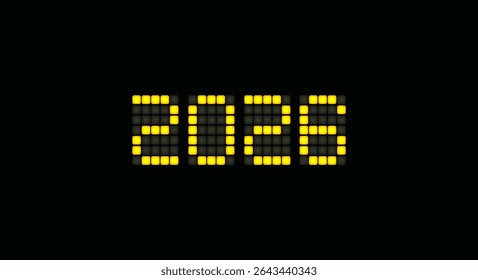 Airport Pixel Style 2026 Display With Yellow Light Blocks. Travel Countdown Concept, Transit Mood, Modern Timing Graphic For Motion Design And Transport. Vector Illustration.