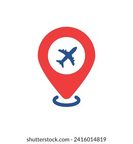 airport place like red pinpoint with plane icon. flat simple trend modern minimal logotype graphic design web element isolated on white. concept of geo position badge or air port locator label