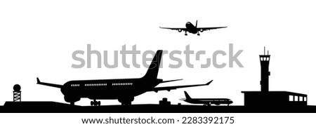 Airport with plane and facilities silhouette vector, transportation concept illustration for background.