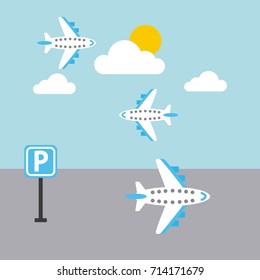 Airport Plane Flying Sky Sun Cloud Parking Sign