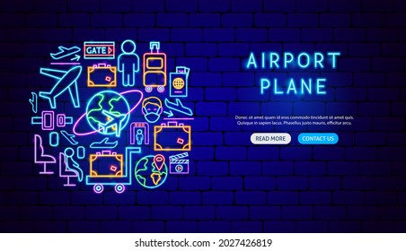 Airport Plane Neon Banner Design. Vector Illustration of Flight Promotion.