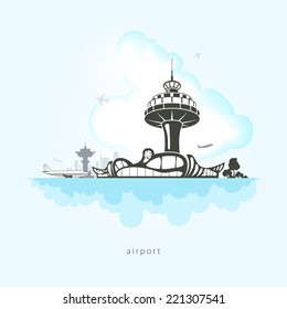 Airport with planes, clouds and the control tower at the airport, vector illustration