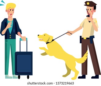 Airport Policeman Dog Barking At Man. Officer Dog Detected Criminal Man. Police Officer Reporting By Radio Catching Bandit. Security Guard Protection. Safety Travel In Airport. Flat Cartoon Vector