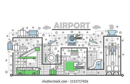 Airport poster banner template. Vector thin line art flat style design icons for website banners and printed materials.