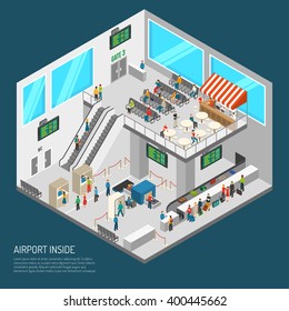 Airport poster of terminal inside presenting arrival hall receipt of baggage inspection zone and other isometric vector illustration