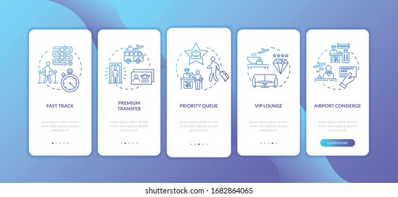 Airport premium service onboarding mobile app page screen with concepts. First class travel walkthrough five steps graphic instructions. UI vector template with RGB color illustrations