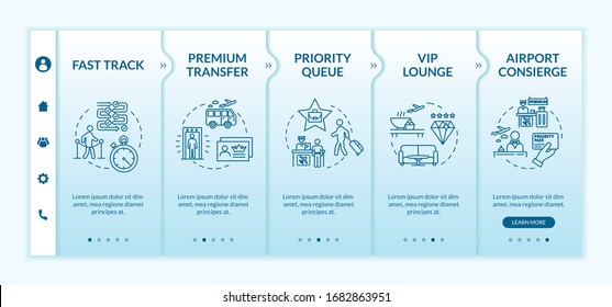 Airport premium service onboarding vector template. Luxurious airline company responsive mobile website with icons. First class travel benefits webpage walkthrough step screens. RGB color concept