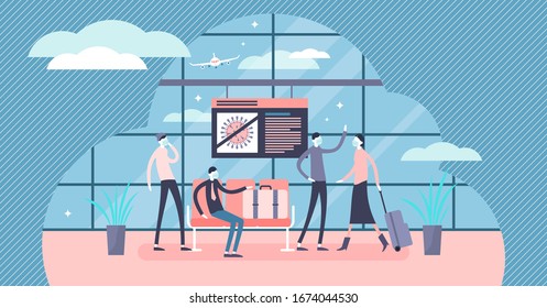 Airport public safety restrictions concept, flat tiny persons vector illustration. Corona virus COVID-19 pandemic transportation and travel limitations. Large groups of people infection risk area.