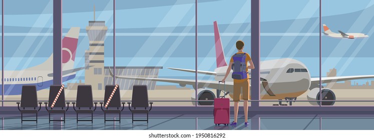 Aeropuerto, , cuarentena, modo de máscara, viaje, avión, vector.