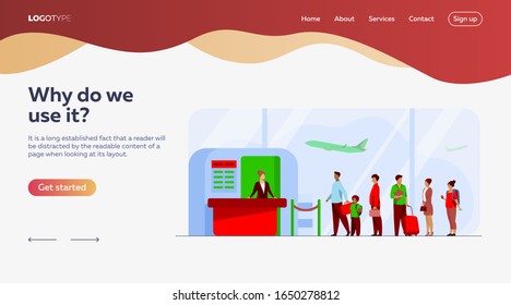 Airport queue vector illustration. Line of tourists standing at check in desk. Flight passengers waiting for boarding to plane in departure area