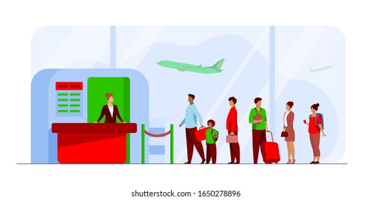 Airport queue vector illustration. Line of tourists standing at check in desk. Flight passengers waiting for boarding to plane in departure area