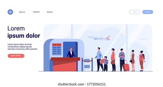 Airport Queue Vector Illustration. Line Of Tourists Standing At Check In Desk. Flight Passengers Waiting For Boarding To Plane In Departure Area