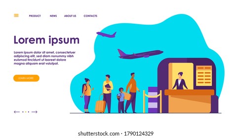 Airport queue vector illustration. Line of tourists standing at check in desk. Flight passengers waiting for boarding to plane in departure area
