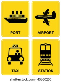 Airport, railway station, train station, taxi parking, sea port - set of information signs. Yellow and black vector icon.