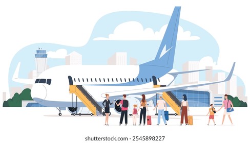 Airport. The ramp to the plane. Boarding passengers on the plane. Fast and convenient long-distance travel. Vacation with the border. Vector illustration