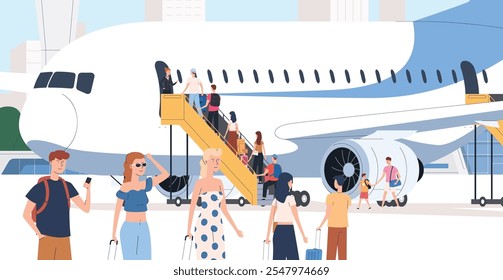 Airport. The ramp to the plane. Boarding passengers on the plane. Fast and convenient long-distance travel. Vacation with the border. Vector illustration