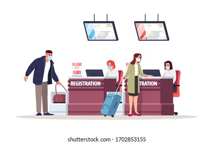 Airport registration desk semi flat RGB color vector illustration. Tourists in medical masks before flight. Security control for baggage. Travelers isolated cartoon character on white background