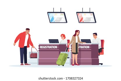 Airport Registration Desk Semi Flat RGB Color Vector Illustration. Tourists Checkin Before Flight. Security Control For Baggage. Travelers Isolated Cartoon Character On White Background