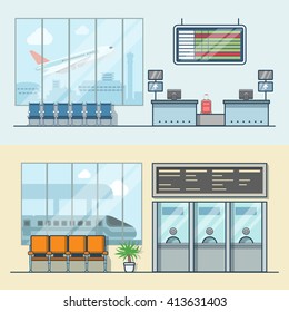 Airport Registration Reception Desk Railway Train Station Ticket Desk Office Interior Indoor Set. Linear Stroke Outline Flat Style Vector Icons. Color Icon Collection.