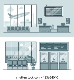 Airport Registration Reception Desk Railway Train Station Ticket Desk Office Interior Indoor Set. Linear Stroke Outline Flat Style Vector Icons. Monochrome Icon Collection.