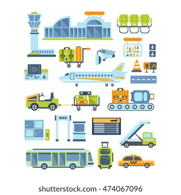 Airport Related Illustration Collection Of Simplified Flat Cartoon Style Vector Stickers Isolated On White Background