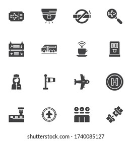 Airport related vector icons set, modern solid symbol collection, filled style pictogram pack. Signs, logo illustration. Set includes icons as airline ticket, flight search, airport control tower