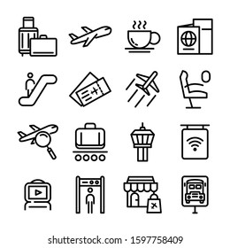 Airport Related Vector Line Icons. Contains such Icons as Departure, Tickets, Baggage Claim and more