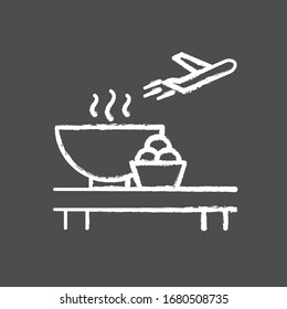 Airport restaurant chalk white icon on black background. Serving food in aircraft terminal cafe. Eat at cantine before airplane flight. Launch for passenger. Isolated vector chalkboard illustration
