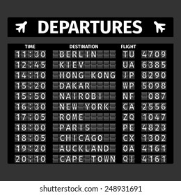 Airport Retro Analog Departure Board Timetable Travel Background Vector Illustration