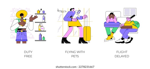 Airport routine isolated cartoon vector illustrations set. Buying perfume in duty free shop, retail outlet, flying with pets, going on vacation, flight delayed, waiting for departure vector cartoon.