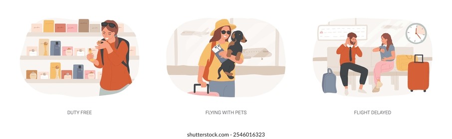 Aeroporto rotineiro isolado desenhos animados vetor ilustrações conjunto. Comprar perfume na loja franca, ponto de venda, voar com animais de estimação, sair de férias, voo atrasado, esperando partida de desenhos animados vetoriais.