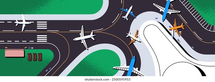 Pista del aeropuerto con vista superior de los aviones. Anuncio de aviación. Sobrecarga de la terminal para el vuelo, aterrizaje y despegue de los aviones. Aeródromo con aviones en las pistas de aterrizaje de fondo. Ilustración vectorial plana.