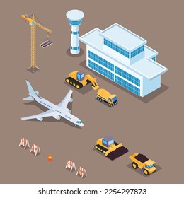 Airport runway construction 3d isometric vector illustration concept for banner, website, landing page, ads, flyer template