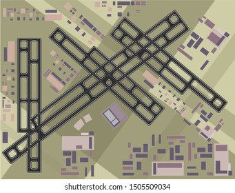 Airport runway map for taking off and landing airplanes - top view illustration - vector