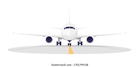 Airport runway semi flat RGB color vector illustration. Aeroplane taking off. Plane arival and departure. Landing jet with turbins. Airplane isolated cartoon object on white background