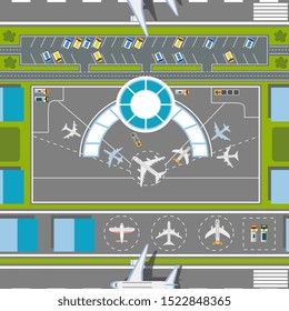 Airport runway top view - flat cartoon shot of airplane landing and lift off on airstrip road next to modern building. Passenger planes in flying area - vector illustration
