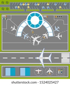 Airport runway top view - flat cartoon vector illustration of airplane parking and lift off space with different types of planes, hangars and flying area plan seen from overhead.