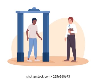 Airport safety scanner 2D vector isolated illustration. Boy going through security checkpoint flat characters on cartoon background. Colorful editable scene for mobile, website, presentation