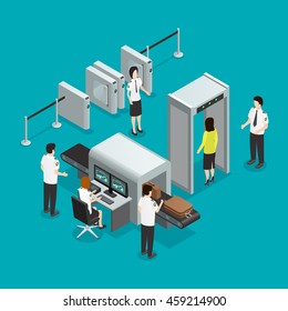 Airport safety security gates check isometric composition with hand baggage screening and passengers control  