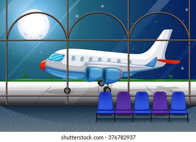 Airport scene with airplane parking at night illustration