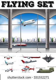 Airport scene with many airplanes illustration