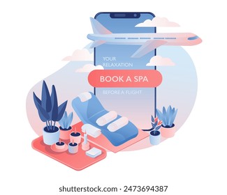 Airport scene with a mobile phone displaying Book a Spa, surrounded by lush plants and a cozy spa relaxation zone. Business class service concept. Vector illustration. 