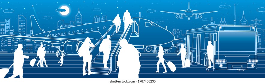 Airport scene. The plane is on the runway. Aviation transportation infrastructure scene. Airplane fly, Passengers board the plane of bus. Night city at background, vector design art