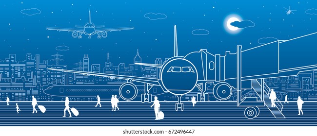 Airport scene. The plane is on the runway. Aviation transportation infrastructure. Airplane fly, people get on the plane. Night city on background, vector design art