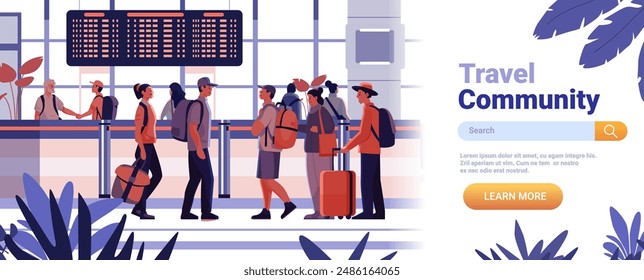 Airport scene with travelers luggage and flight information board people in queue at check-in counter modern travel concept with plants and search bar