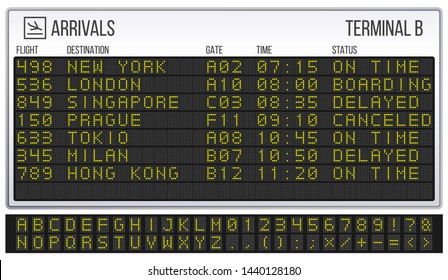 Airport scoreboard. Digital LED board font, arrivals and departures signs. Departure railway information, arrival abc and numbers info display realistic symbols vector illustration