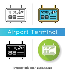 Flughafenanzeigesymbol. Informationen über Flüge an elektronischen Bord. Abflugzeit des Flugzeugs. Warten auf Ankunft des Flugzeugs. Lineare Schwarz- und RGB-Farbstile. Einzelne Vektorgrafiken